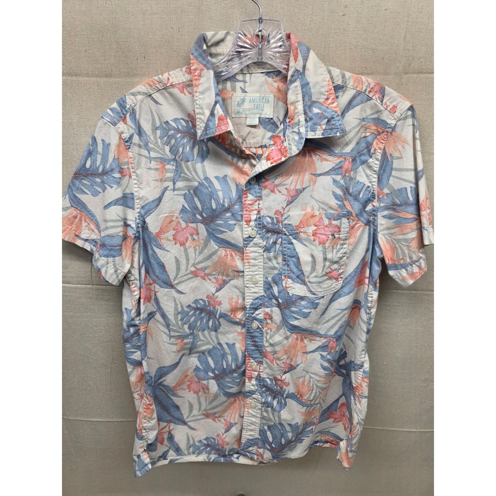 American‎ Eagle Mens Short Sleeve Tropical Floral Palm Button Down Shirt Medium